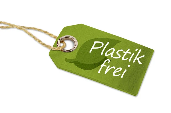 Ξύλινη Ετικέτα Hang Που Απομονώνεται Μήνυμα Πλαστικό Free Plastik Frei — Φωτογραφία Αρχείου
