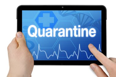 Tıbbi ekranlı tablet ve beyaz arka planda karantina