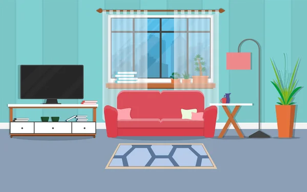 Wohnzimmereinrichtung Mit Sofa Und Accessoires Vektorillustration — Stockvektor