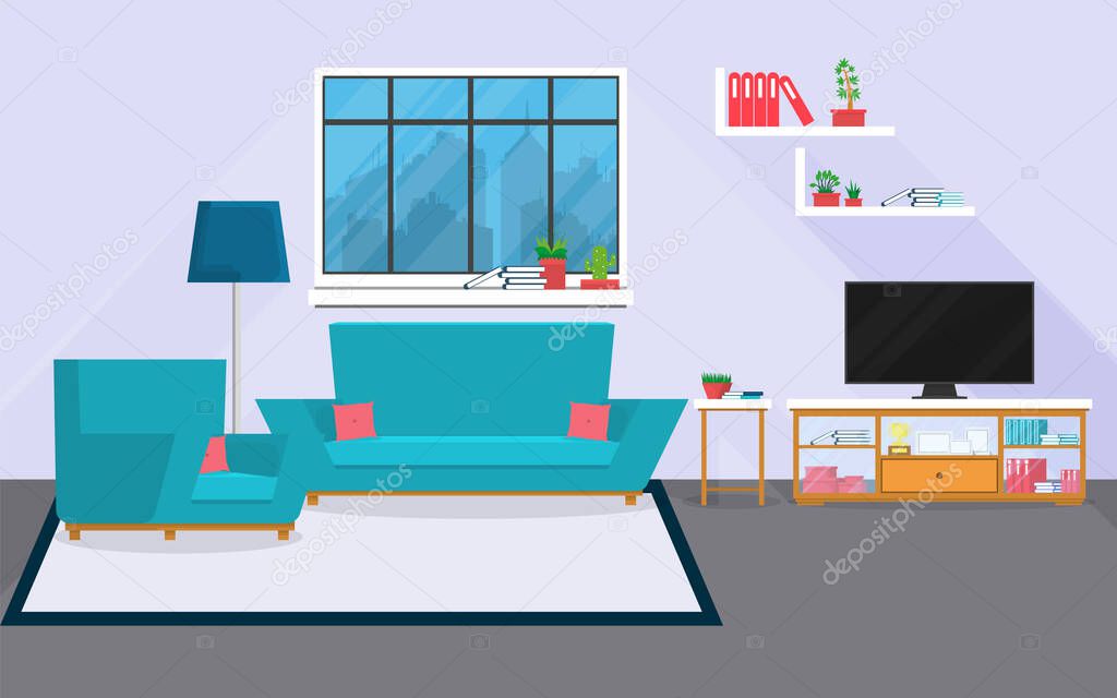 living room interior design with sofa and accessories, vector illustration 
