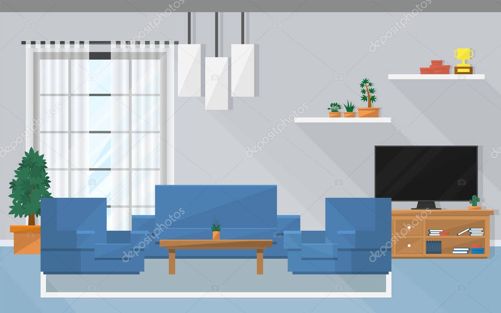 living room interior design with sofa and accessories, vector illustration 