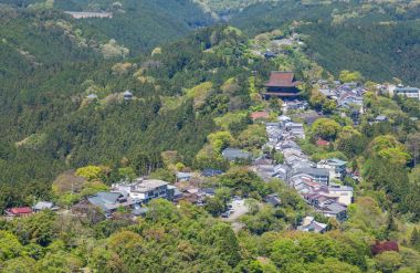 Mount Yoshino üzerinde kiraz ağaçları ile köy