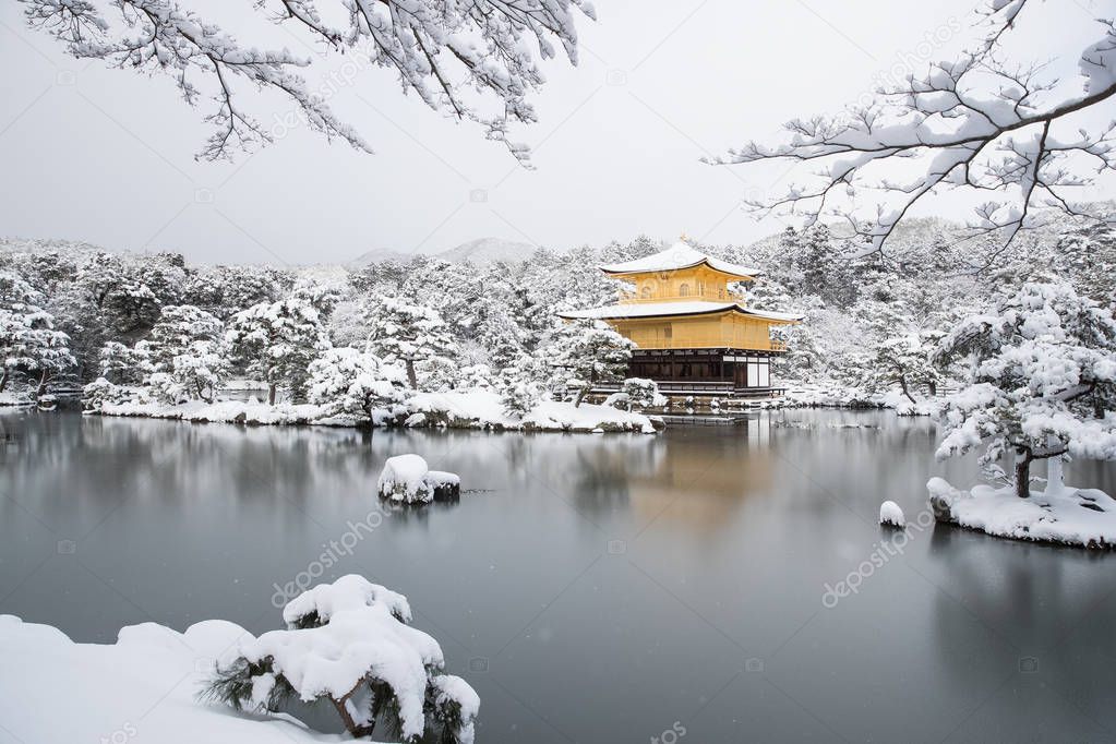 Golden Pavilion with snow fall 