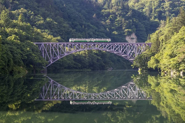 Paisaje con tren en puente sobre río — Foto de Stock