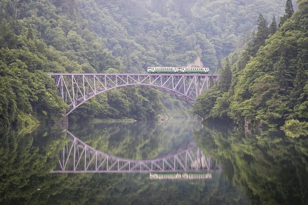 Tadami railway line and Tadami River — Stock Photo, Image