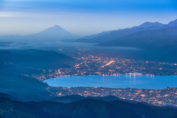 Fuji hegy és tó Suwa — Stock Fotó
