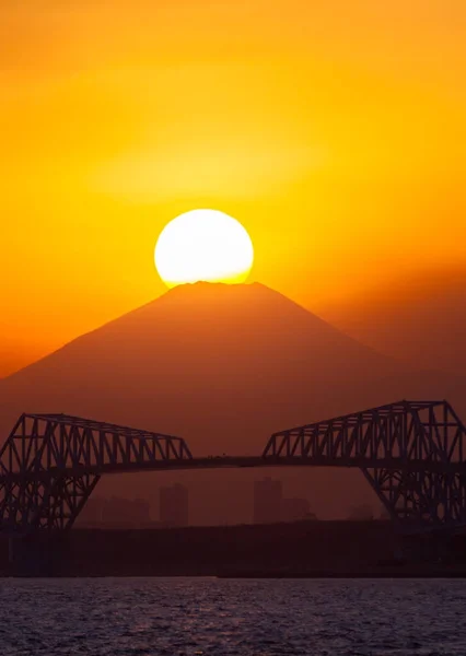 Diamond Fuji Visa Den Nedgående Solen Träffa Toppen Fuji — Stockfoto