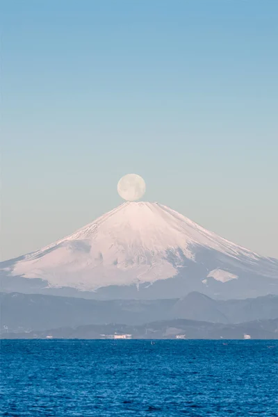 Pérola Fuji Lua Ajuste Que Encontra Summit Fuji Visto Costa — Fotografia de Stock