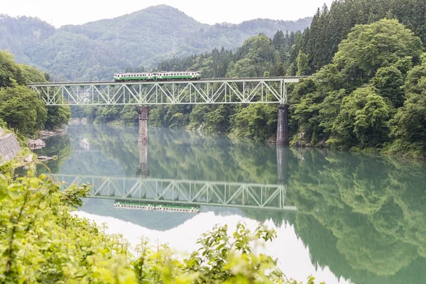 Línea Ferroviaria Tadami Río Tadami Temporada Verano Prefectura Fukushima — Foto de Stock