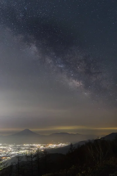 Νύχτα Τοπίο Του Βουνού Fuji Γαλαξία Και Κοφού Πόλη Κοφού — Φωτογραφία Αρχείου