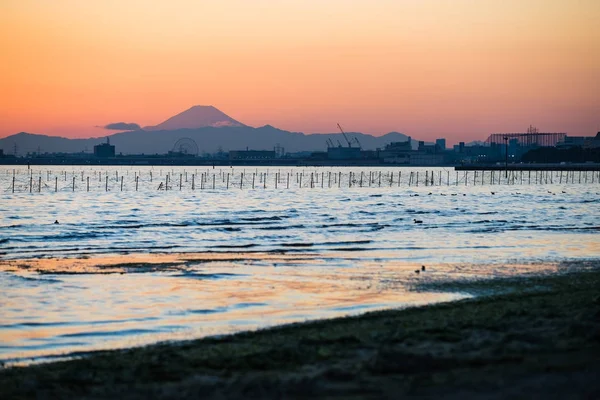 Nice view of Tokyo sunset , Tokyo bay at Funabashi area and Mt. Fuji in winter season