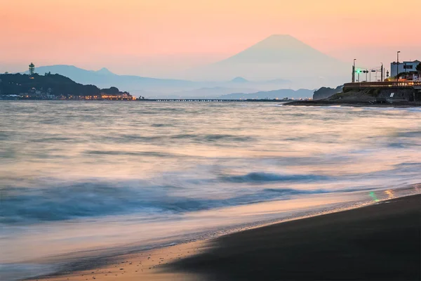Berget Fuji Och Enoshima Island Sunset Bakgrund — Stockfoto