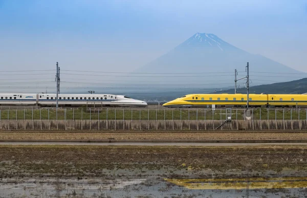 Lignes Ferroviaires Grande Vitesse Avec Trains Sur Fond Montagne Fuji — Photo