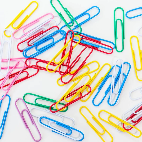 Colorful Metal Paper Clips White Background — Stock Photo, Image