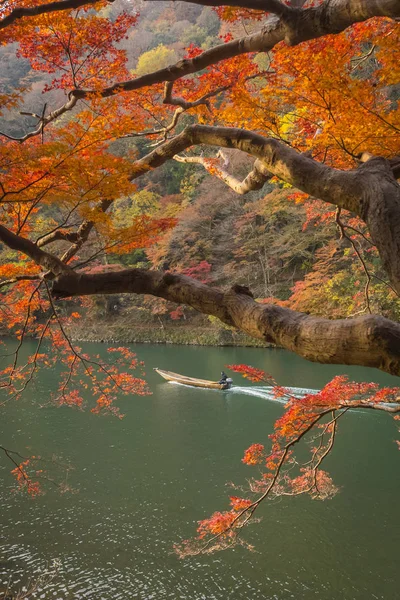 Япония Киото Ноября 2017 Лодка Плавает Реке Городе Арашияма Осенью — стоковое фото