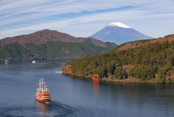 Boat Floating Lake Ashi Mount Fuji Autumn Season — Stok fotoğraf