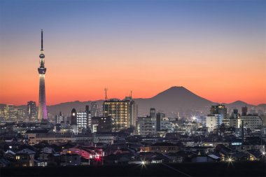 Tokyo Sky ağaç Simgesel Yapı şehir bina alanı ve dağ Fuji ile kış sezonu