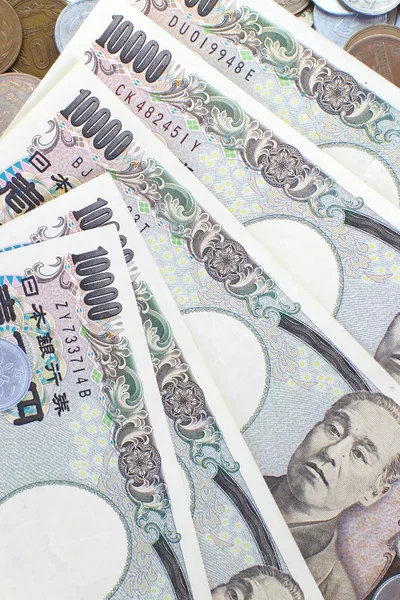 Close Japanese Yen Banknotes Coins — Stock Photo, Image