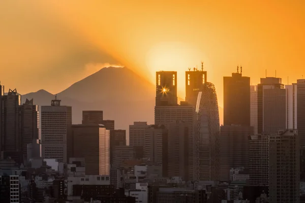 Tokyo Shinjuku buildings with top of mountain Fuji on sunset background