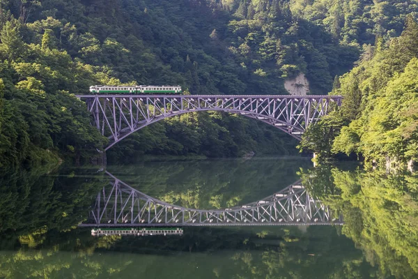 Linha Ferroviária Rio Tadami Temporada Verão — Fotografia de Stock