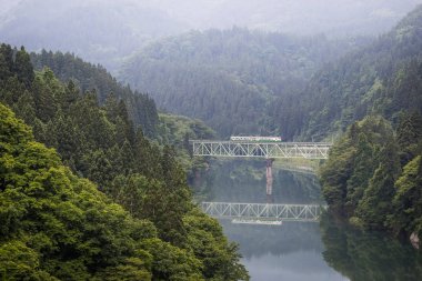 Fukushima, Japan - 19 Haziran: Yerel tren Tadami hat ve Tadami Nehri.