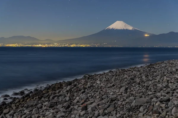 Berget Fuji Med Stjärnklar Natt Och Suruga Havet Hida Town — Stockfoto