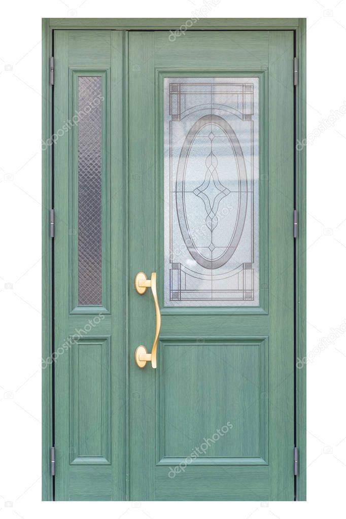 Front view of green wooden door