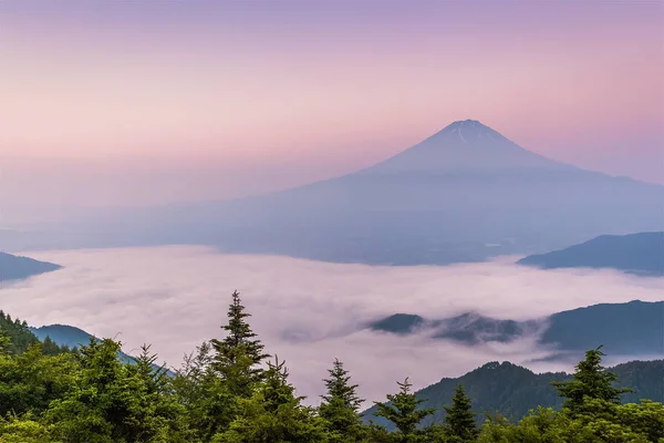 Гора Фудзи Морем Тумана Над Озером Кавагутико Летом Япония — стоковое фото
