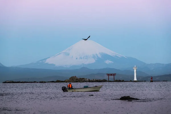 相模湾 横須賀市 神奈川県で冬の朝山富士の海の絵 — ストック写真