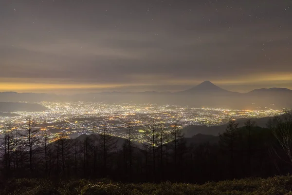 Nightscape Του Βουνού Fuji Και Κοφού Πόλη Ιαπωνία — Φωτογραφία Αρχείου