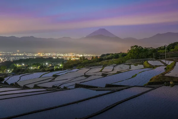 Terraza Arroz Montaña Fuji Amanecer Japón —  Fotos de Stock