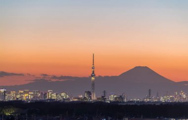 Tokyo Sky ağaç Simgesel Yapı şehir binaları ve dağ Fuji ile kış sezonu görünümünü