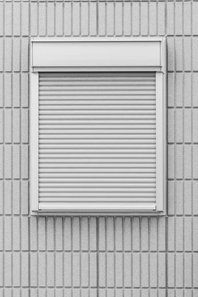 ホワイト メタル シャッター ウィンドウと白いレンガ壁の背景 — ストック写真