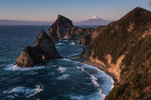 Rocher Sengamon Fuji Montagne Mer Japon Hiver Vus Ville Izu — Photo