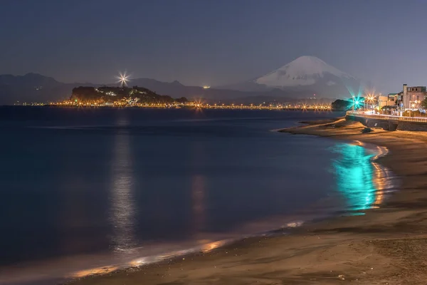 Seascape Fuji Hegy Éjszaka Téli Szezonban Sagami Bay Kanagawa Prefektúra — Stock Fotó