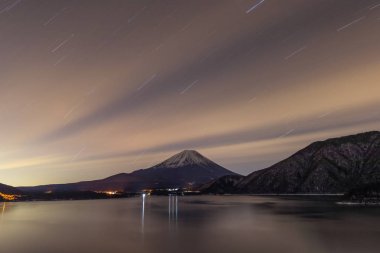 Lake Motosu and mt.Fuji at night time in winter season. Lake Motosu is the westernmost of the Fuji Five Lakes and located in southern Yamanashi Prefecture near Mount Fuji, Japan clipart