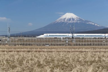 Tokaido Shinkansen dağ Fuji ile içinde arkasında. Shinkansen yüksek hızlı demiryolu hatları Japonya'da bir ağ 