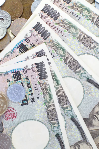 Primer Plano Los Billetes Yen Japoneses Las Monedas Yen Japonesas — Foto de Stock