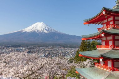 Güzel manzara dağ Fuji ve Chureito kırmızı pagoda kiraz çiçeği sakur ile Japonya