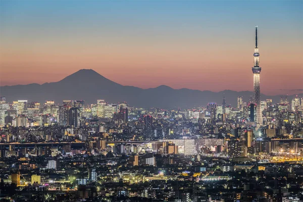 东京夜景 Skytree 地标与东京市中心大厦区域和山富士在冬天季节 — 图库照片