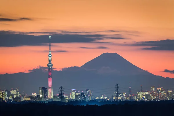 Tokyo Skytree Mont Fuji Crépuscule Hiver — Photo