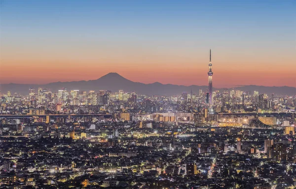 Tokyo night view , Tokyo Skytree landmark with Tokyo downtown building area and Mountain Fuji in winter season