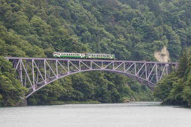 Fukushima, Japan - 18 Haziran: Yerel tren Tadami hat ve Tadami Nehri.