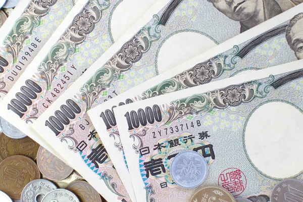 日本日元钞票和日元硬币特写 — 图库照片