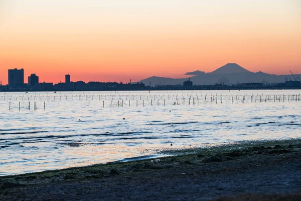 Красивый Вид Закат Токио Токийский Залив Районе Фунабаси Гору Фудзи — стоковое фото