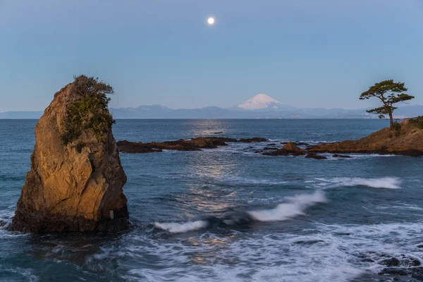 Moon Natt Seascape Sagami Bay Och Mount Fuji Sett Från — Stockfoto
