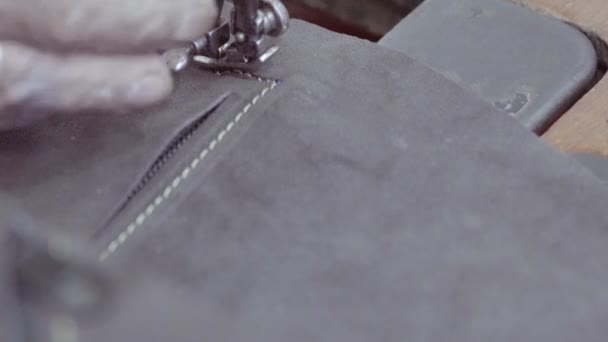 Male Using Old Sewing Machine Leather Workshop Vintage Style — Stock Video