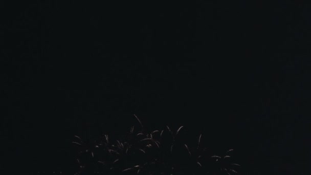大晦日の夜の夜空にカラフルな花火ボケ輝くライト 花火ショーお祝いの背景 — ストック動画