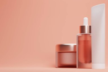 Boş kozmetik paketleme modelini ayarla, pastel turuncu arkaplan, 3d biçimlendirme