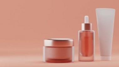 Boş kozmetik paketleme modelini ayarla, pastel turuncu arkaplan, 3d biçimlendirme